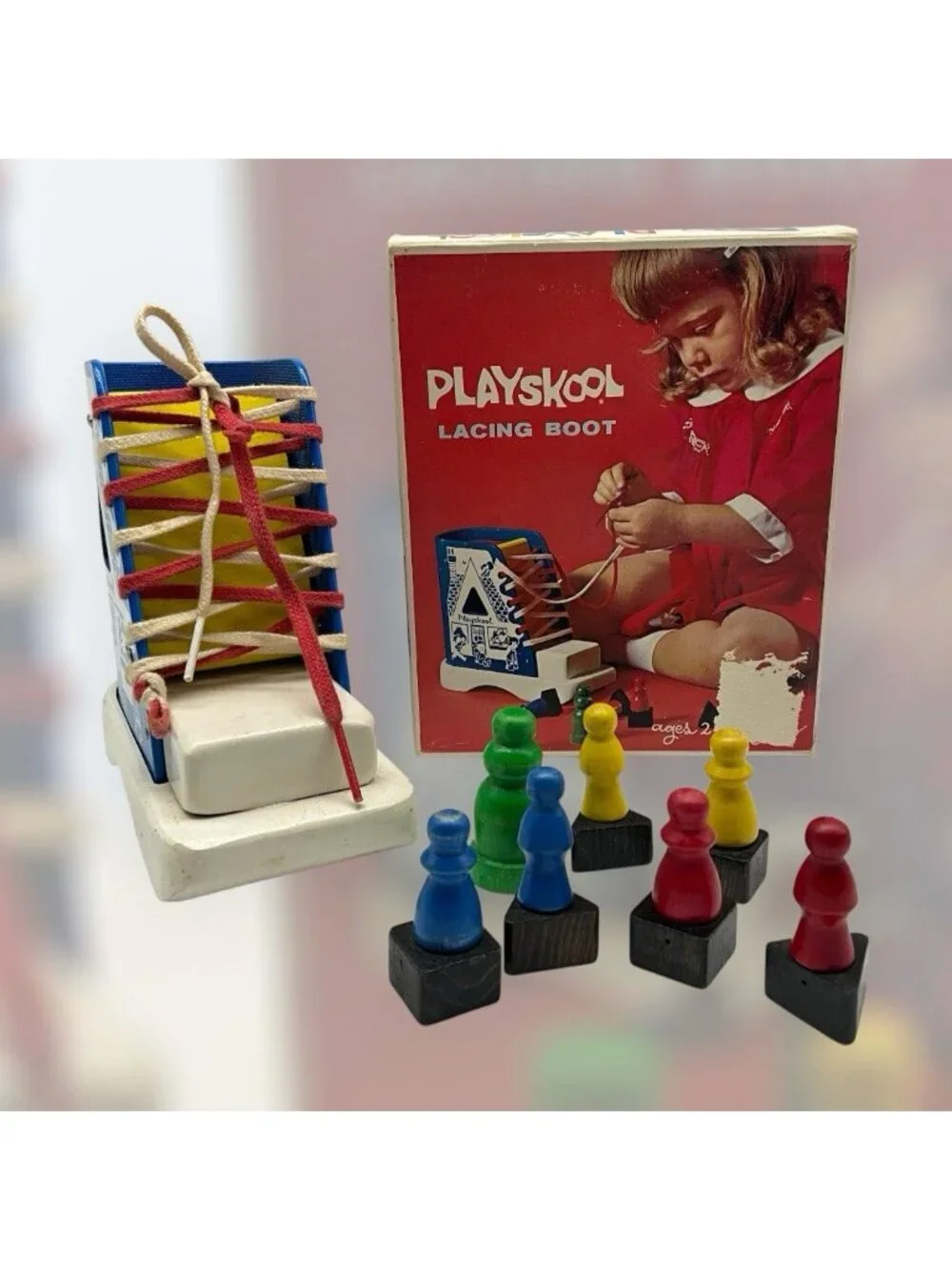 PLAYSKOOL Vintage Red Box Lacing Boot Learning While Playing in Original Box